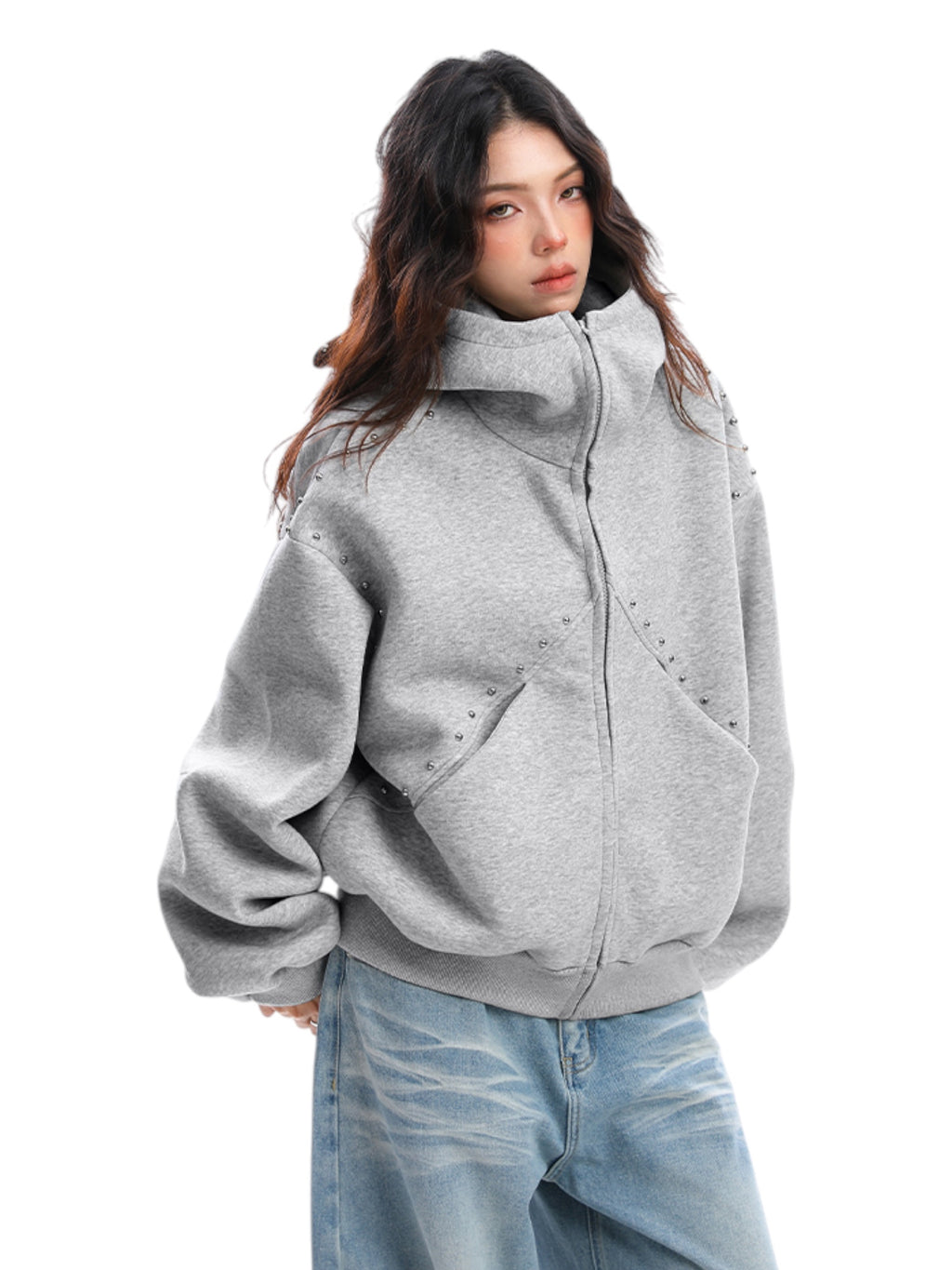 Studded Devil Horn Hoodie - Premium Cotton Zip-Up