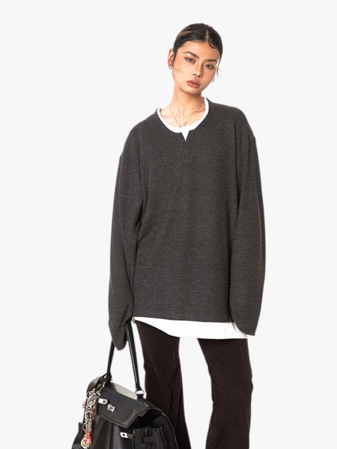 GKIKZ TEXTURE FAKE TWO-PIECE OVERSIZED KNIT TEES
