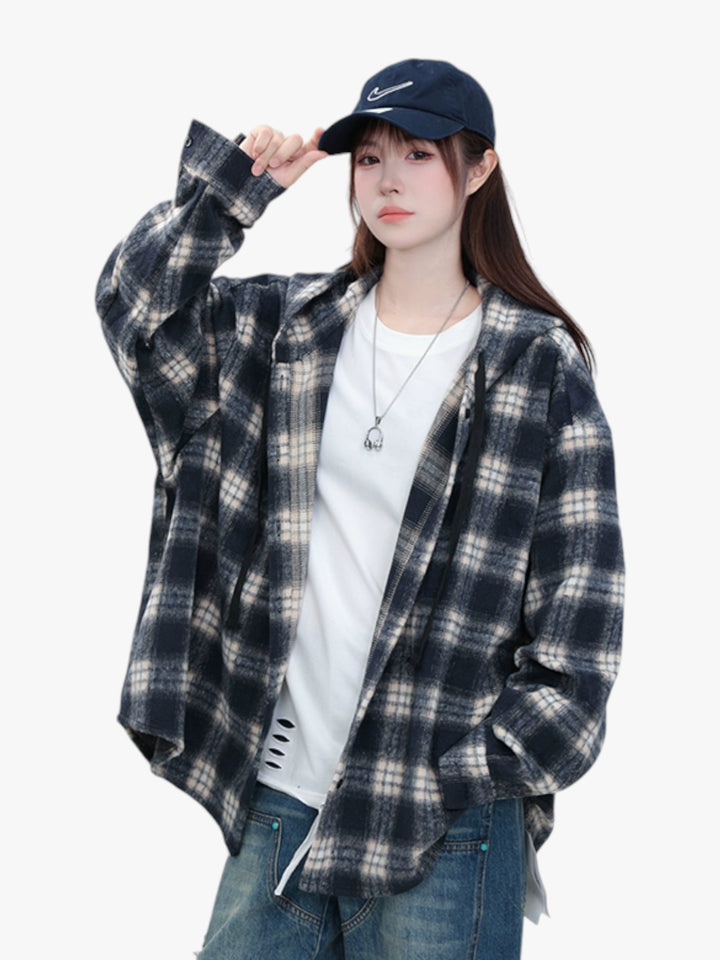 [25SS RESTOCKS] GKIKZ PLAID PREMIUM COTTON MID-LENGTH HOODED JACKET