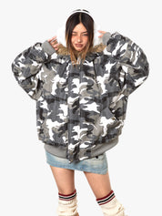 GKIKZ LUXURIOUS WHITE CAMOUFLAGE PRINT FAUX FUR HOODED JACKET