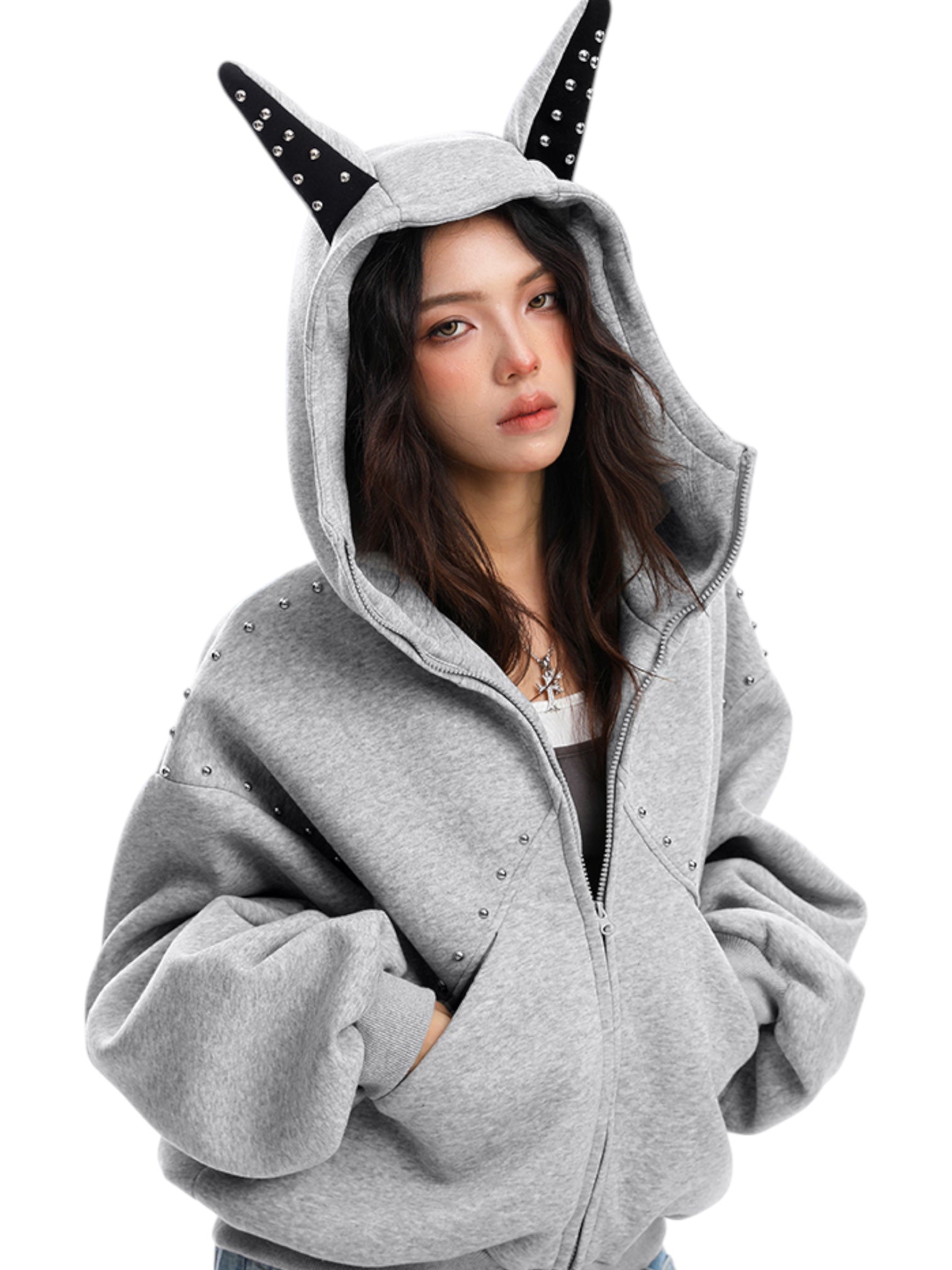 Studded Devil Horn Hoodie - Premium Cotton Zip-Up