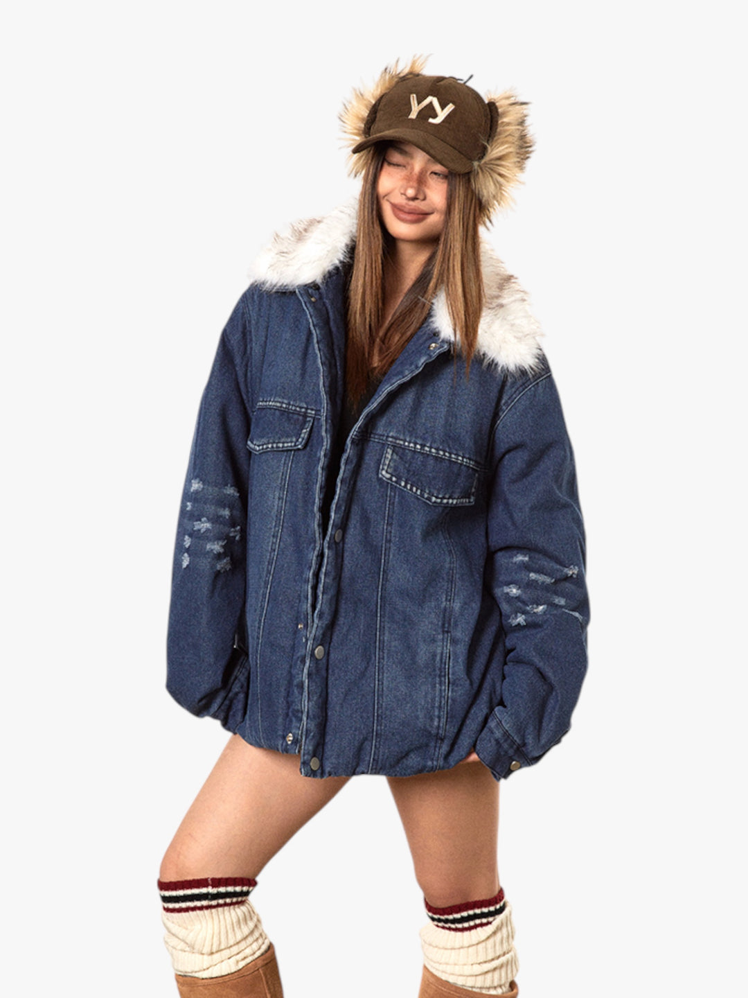 GKIKZ DETACHABLE FUR HEAVY DENIM JACKET
