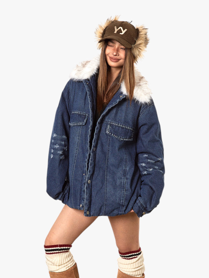 GKIKZ DETACHABLE FUR HEAVY DENIM JACKET