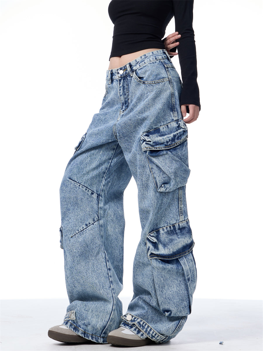 Multi-Pocket Heavy Denim Wide-Leg Pants