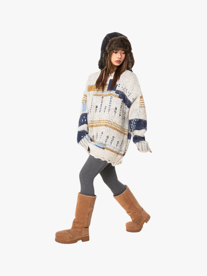 GKIKZ RETRO DISTRESSED CONTRAST OVERSIZED SWEATER