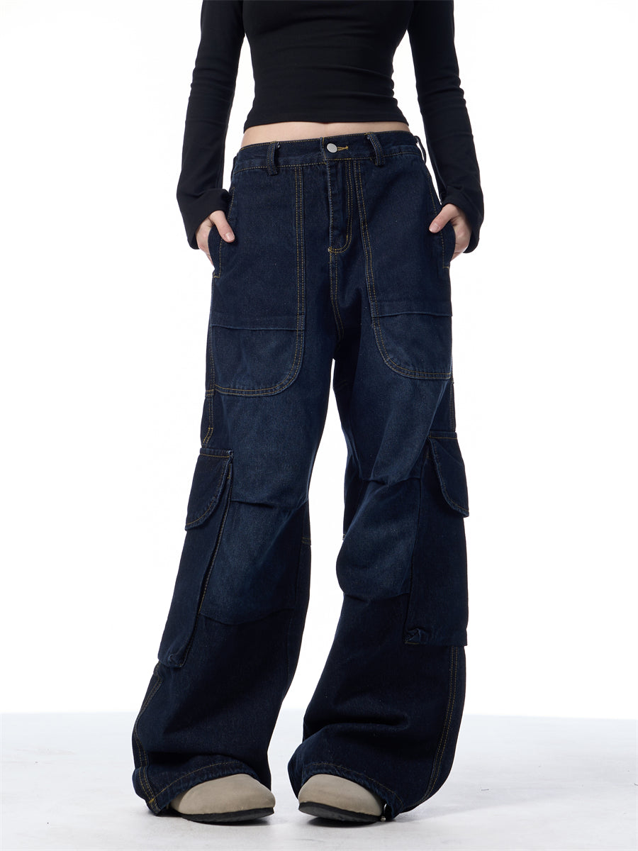 GKIKZ SYMMETRIC PLEATED WORKWEAR MULTI-POCKET BAGGY PANTS