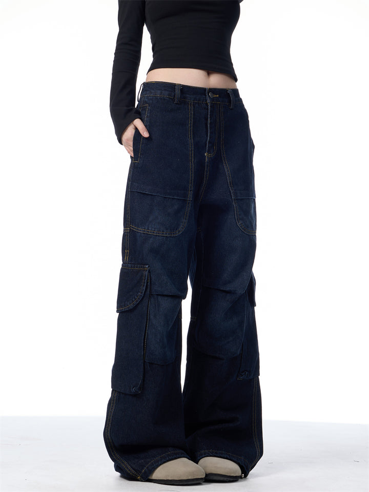 GKIKZ SYMMETRIC PLEATED WORKWEAR MULTI-POCKET BAGGY PANTS