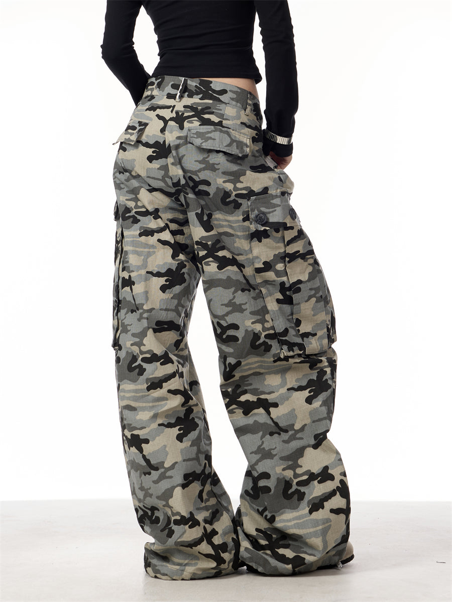 GKIKZ CAMOUFLAGE BIG POCKET LOOSE WIDE-LEG PANTS
