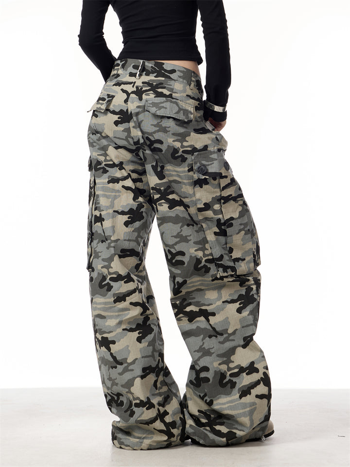GKIKZ CAMOUFLAGE BIG POCKET LOOSE WIDE-LEG PANTS