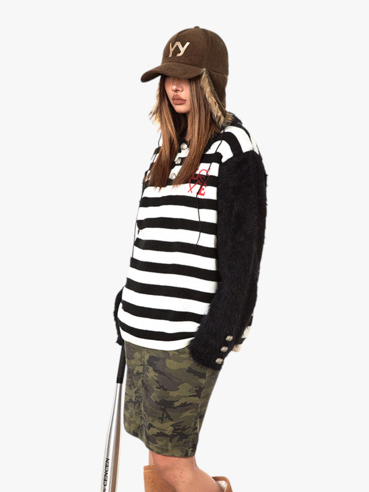 GKIKZ RETRO CONTRAST RAGLAN STRIPED POLO COLLAR SWEATER