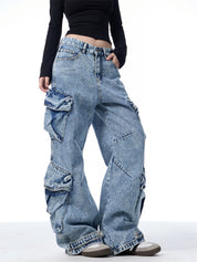 GKIKZ MULTI-POCKET HEAVY DENIM WIDE-LEG PANTS