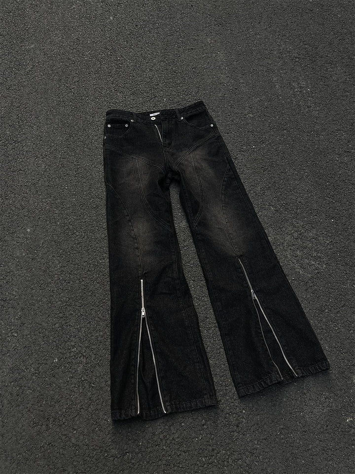 Mid-Zipper Slightly Flared Baggy Denim Jeans