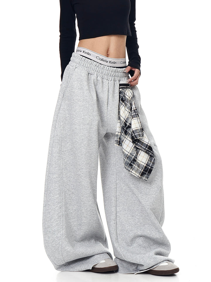 GKIKZ DETACHABLE PLAID SCARF LOOSE WIDE-LEG PANT