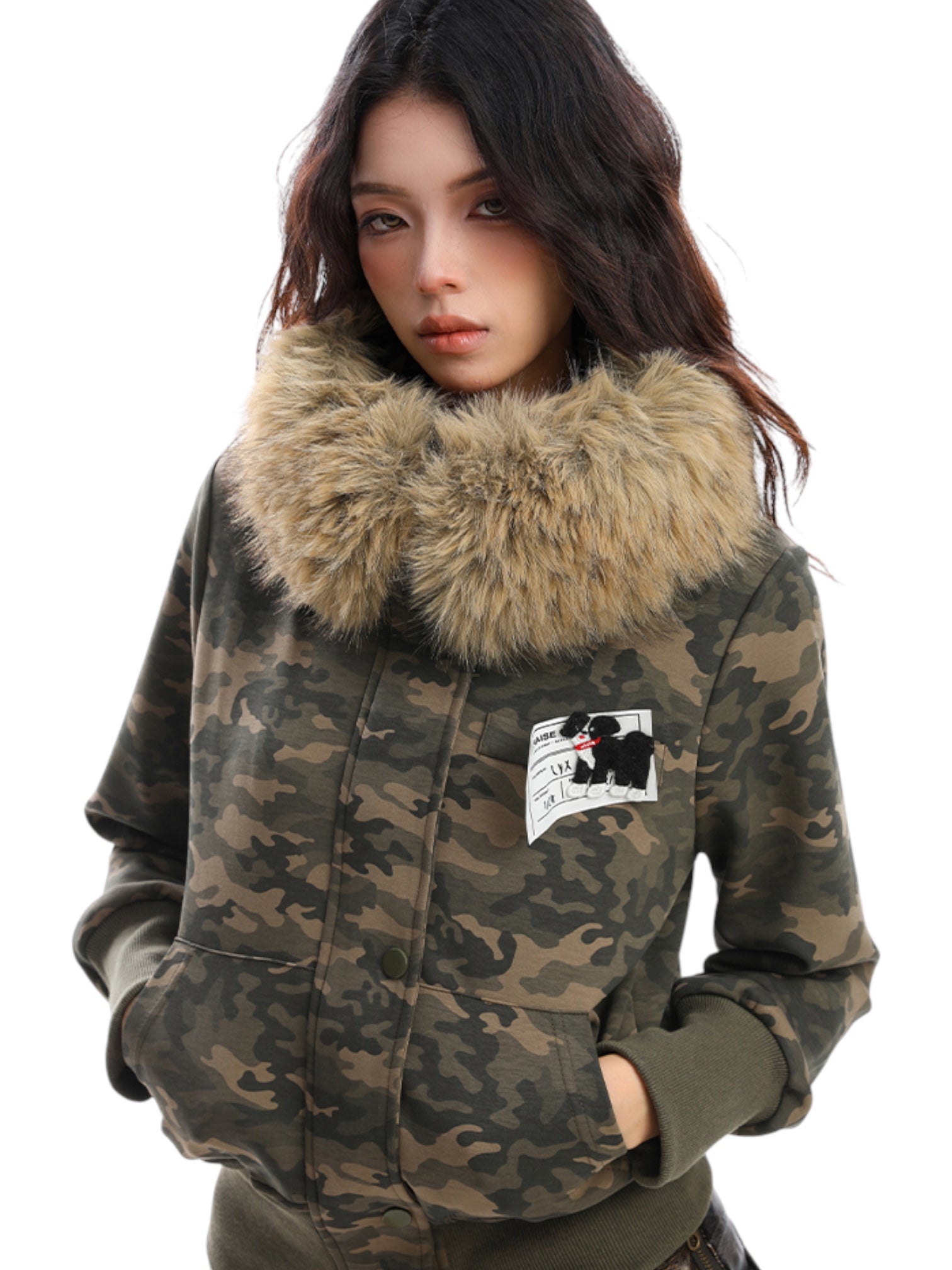 [25AW NEW ARRIVAL] GKIKZ CAMOUFLAGE CODE FAUX FUR JACKET