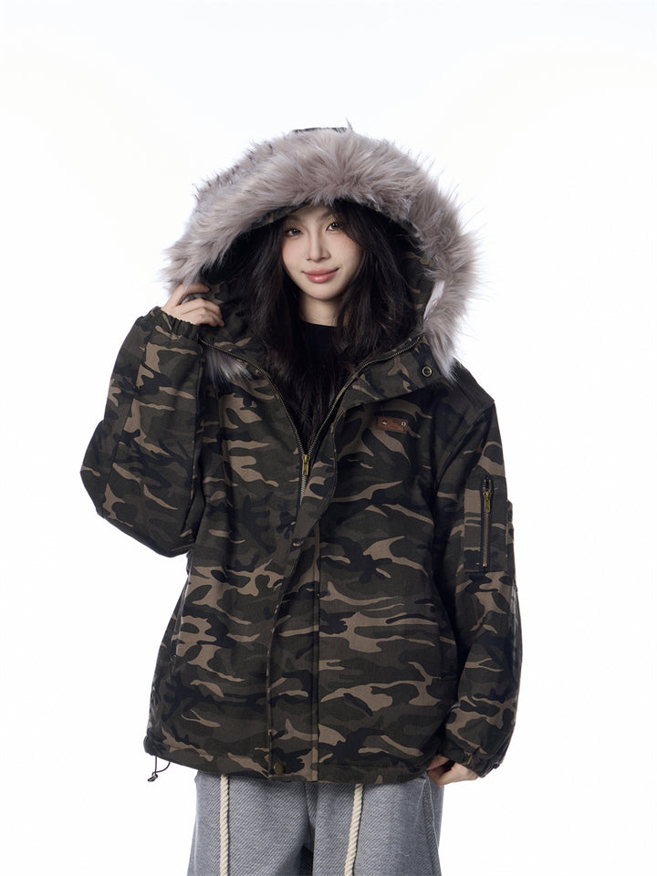 GKIKZ MOUNTAIN CARVING FUR COLLAR JACKET