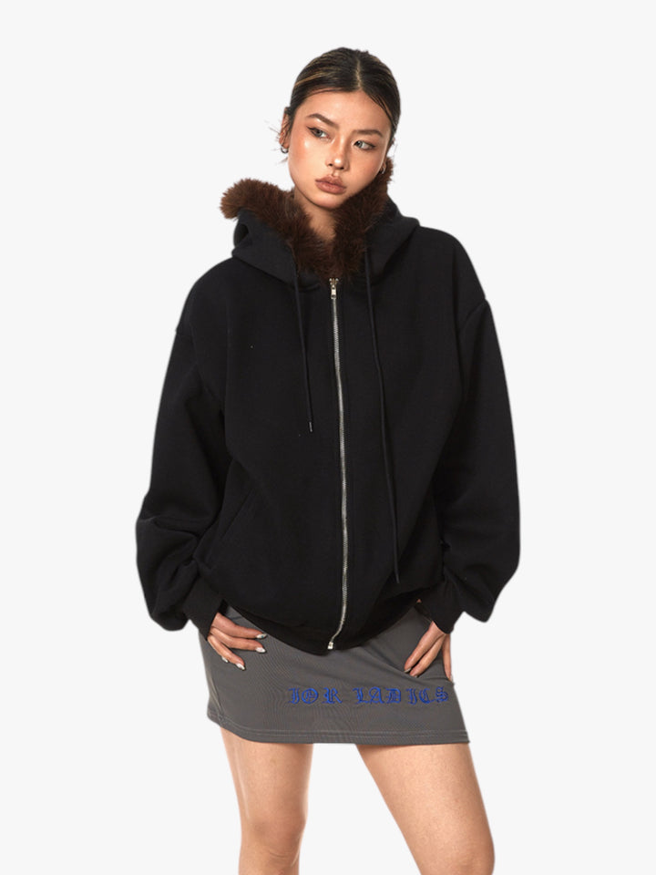 GKIKZ RETRO FUR COLLAR HOODED CARDIGAN