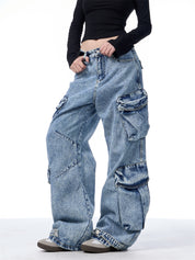 GKIKZ MULTI-POCKET HEAVY DENIM WIDE-LEG PANTS