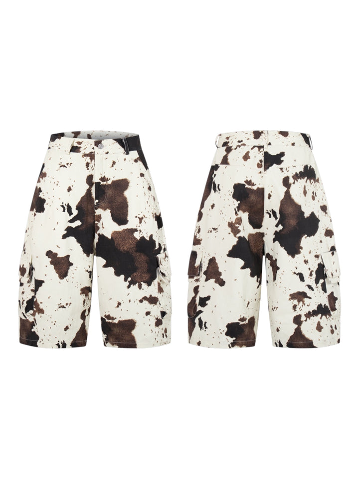 Retro Cow-Motif Multi Pocket Cotton Workshorts