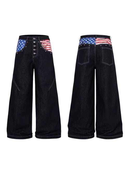 "Proud Eagle" Raw Denim Wide-Leg Jeans