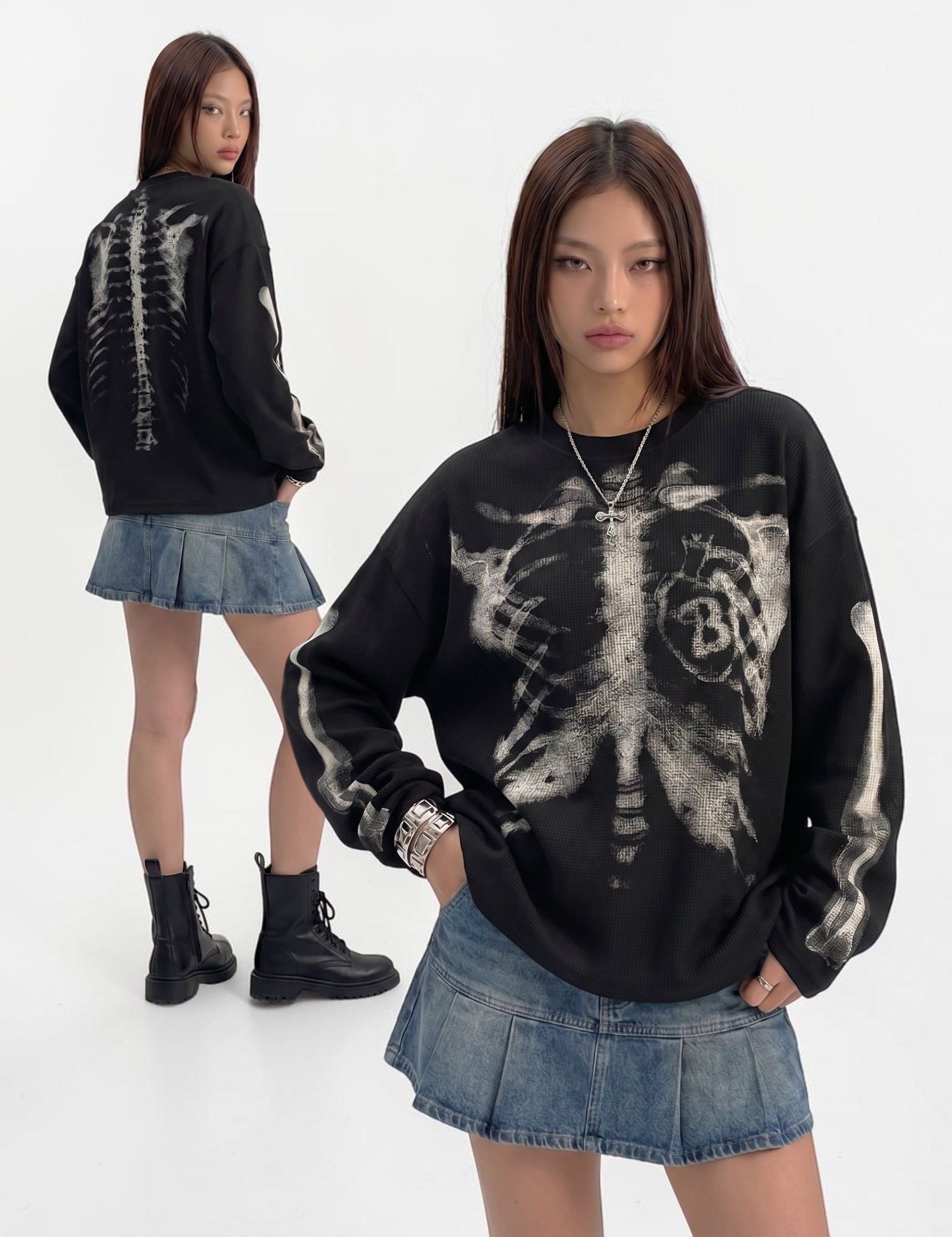 Skeleton Cotton Waffle Sweatshirt
