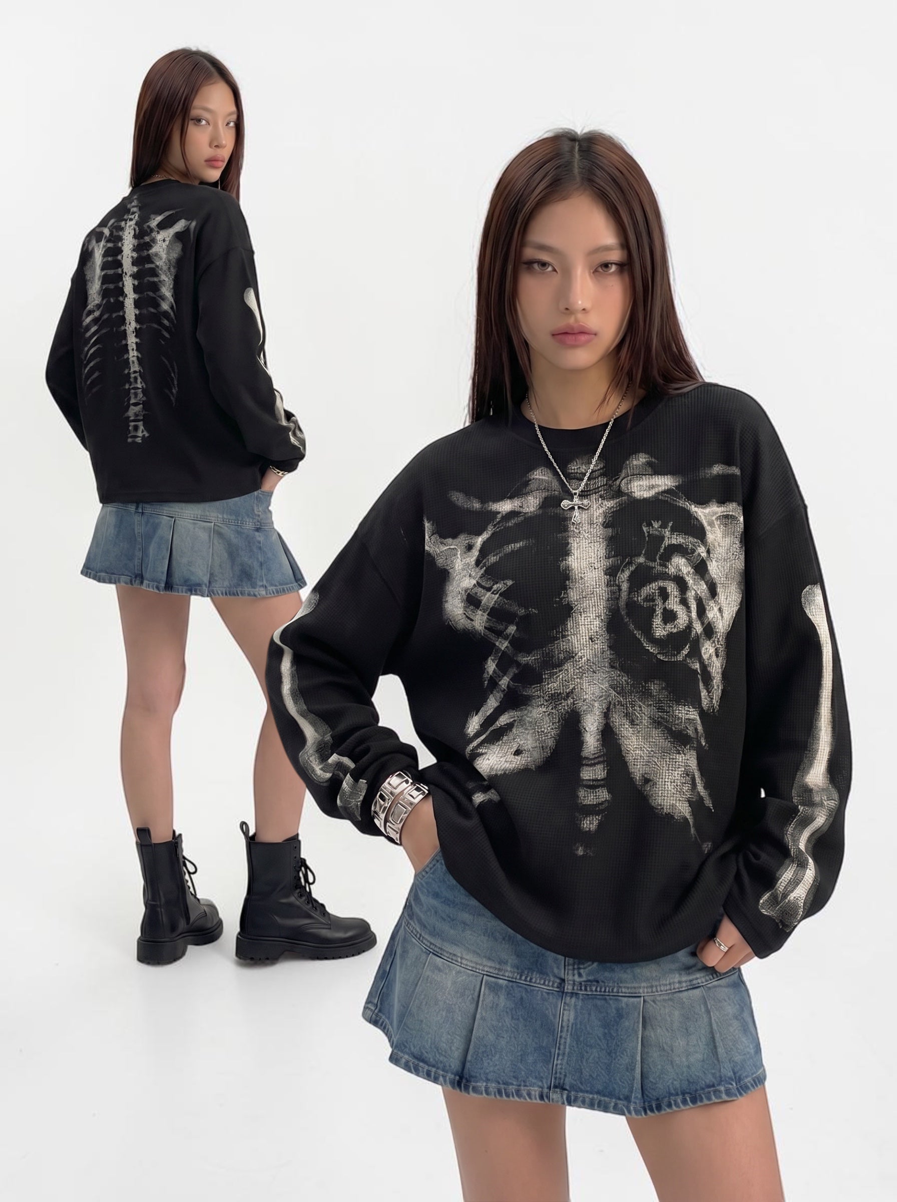 Skeleton Cotton Waffle Sweatshirt