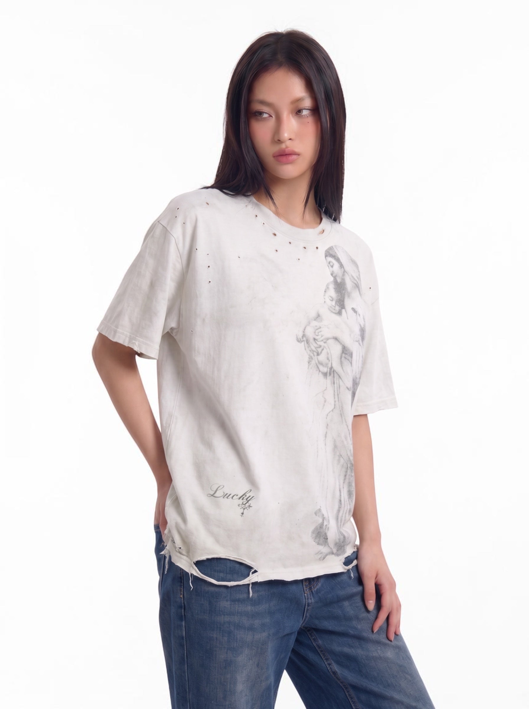 Lucky distressed and destroyed graphic tee — women's streetwear
