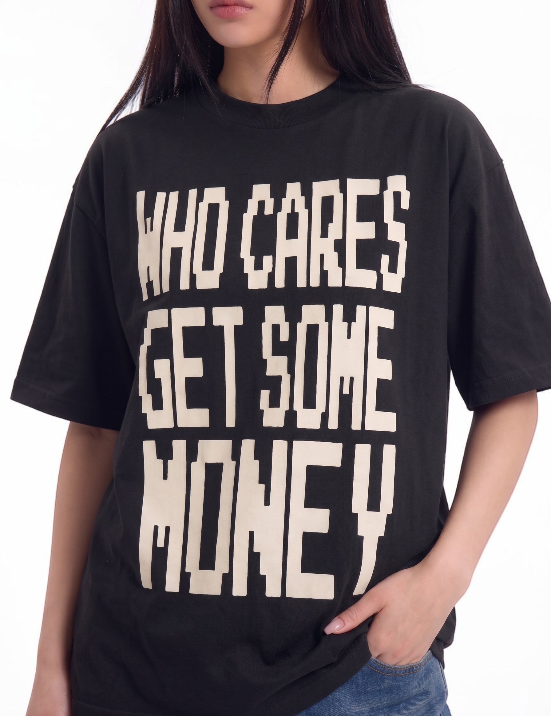 Who Cares Get Some Money graphic cotton tee — streetwear