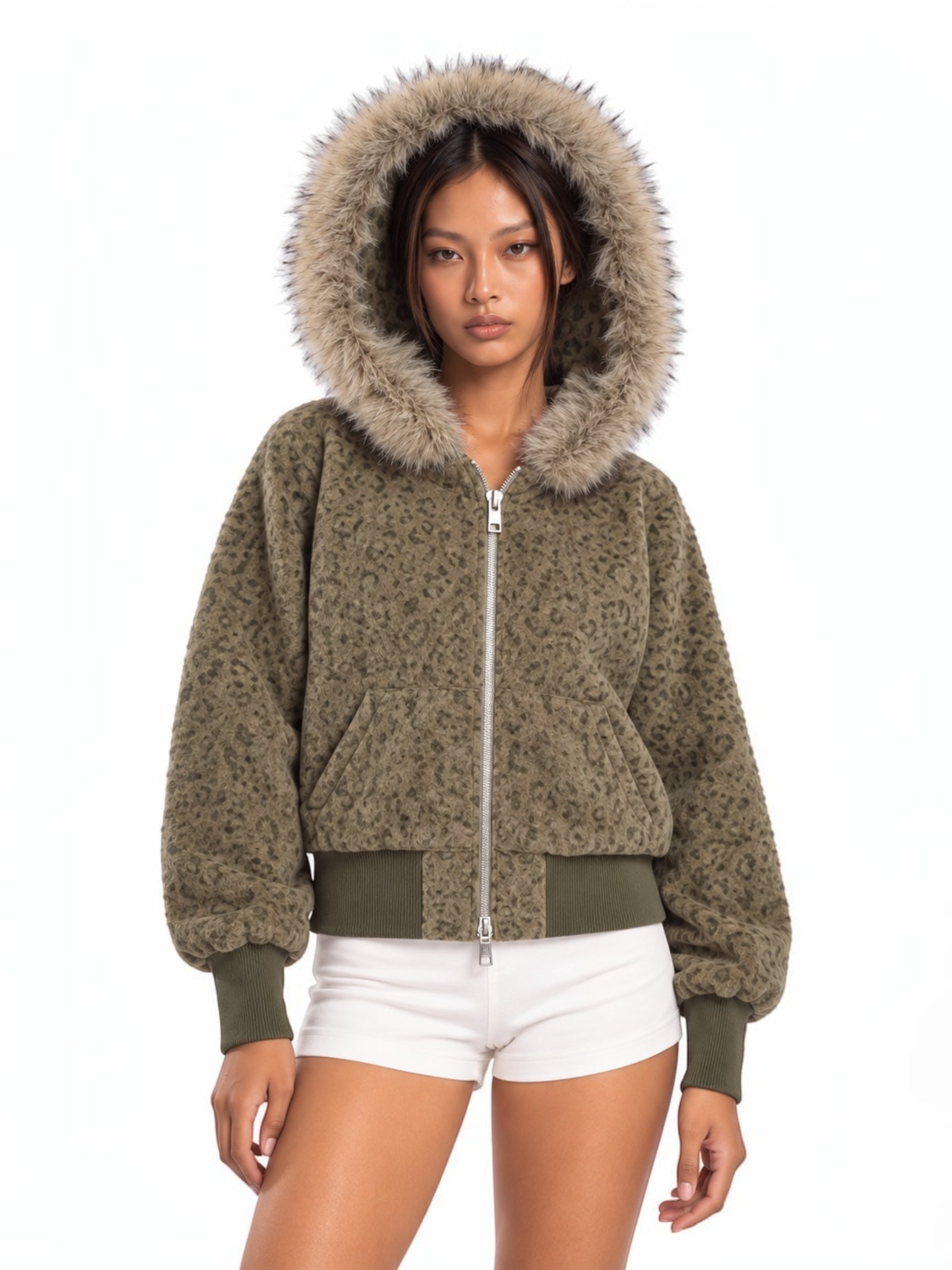 Maillard Leopard Faux-Fur Hood Jacket
