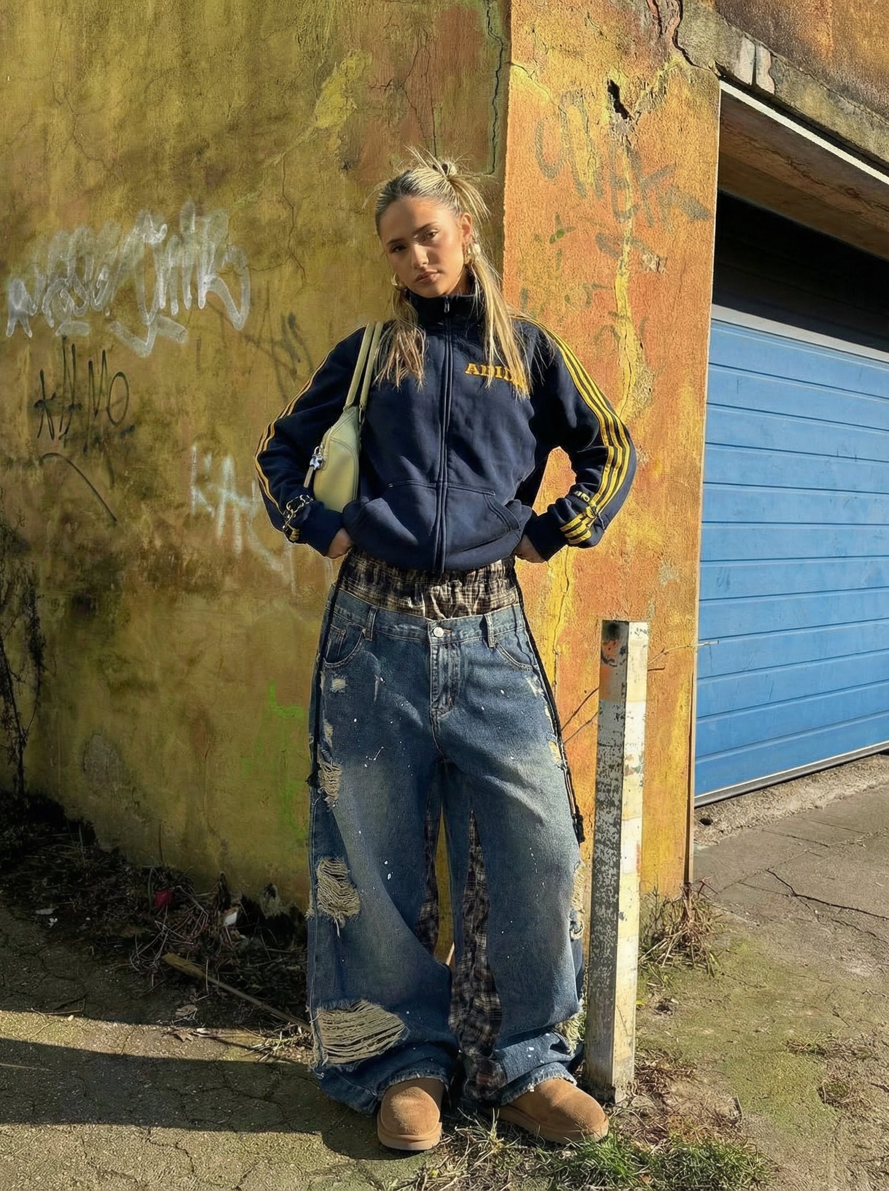Grunge patchwork wide-leg denim jeans — women's streetwear