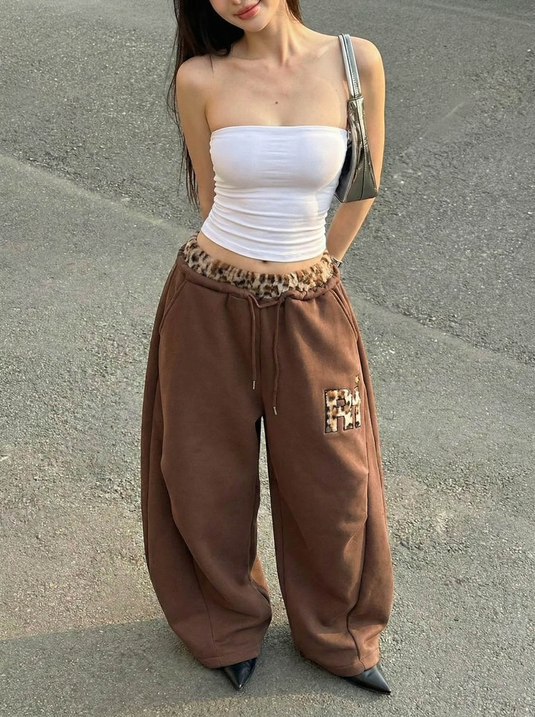 GKIKZ LEOPARD TRIM DOUBLE-WAIST WIDE-LEG SWEATPANTS