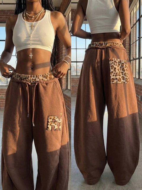 GKIKZ LEOPARD TRIM DOUBLE-WAIST WIDE-LEG SWEATPANTS