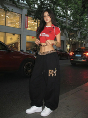 GKIKZ LEOPARD TRIM DOUBLE-WAIST WIDE-LEG SWEATPANTS