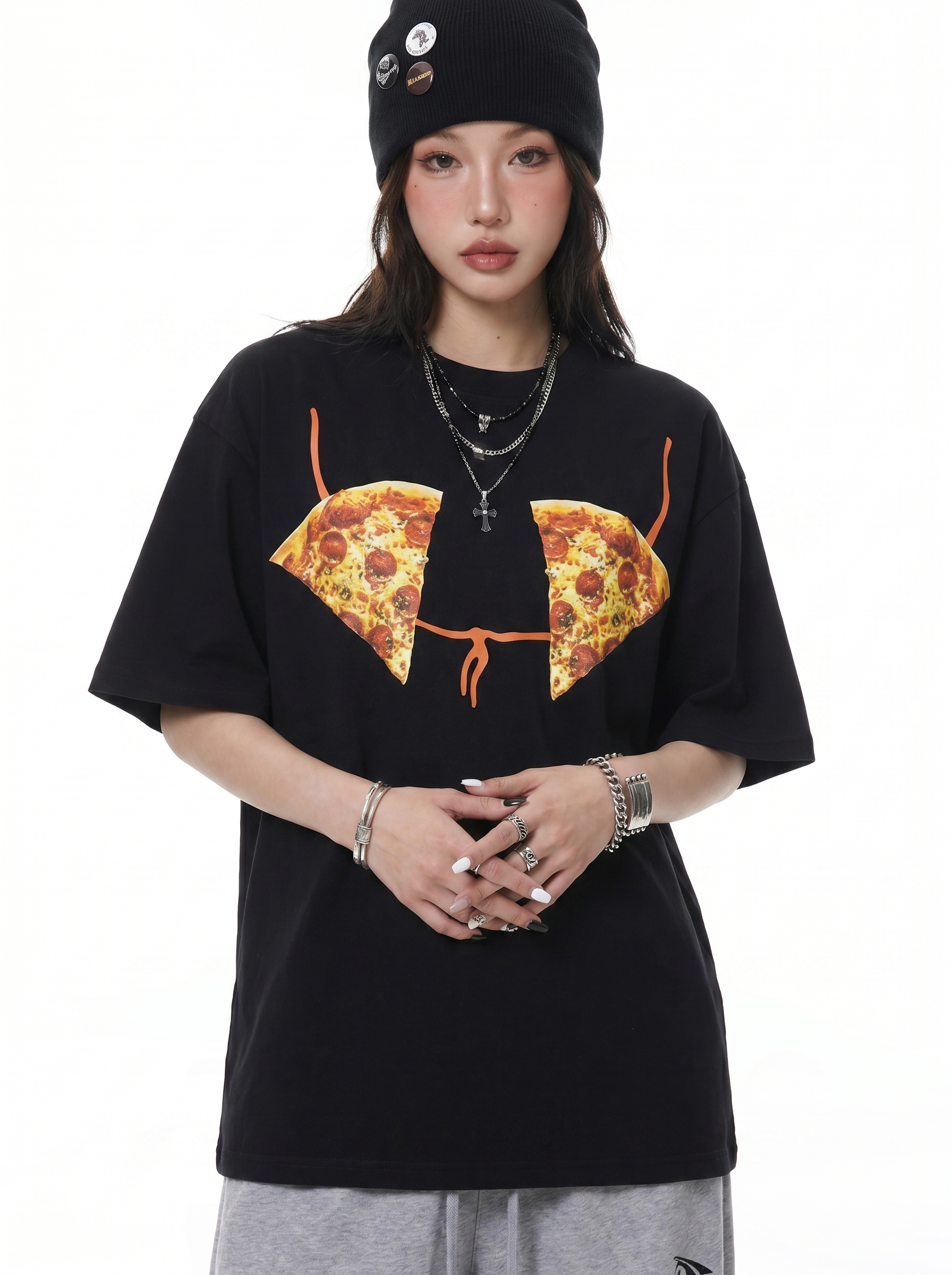 "Pizza on Chest" Crew Neck Tees