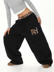 GKIKZ LEOPARD TRIM DOUBLE-WAIST WIDE-LEG SWEATPANTS