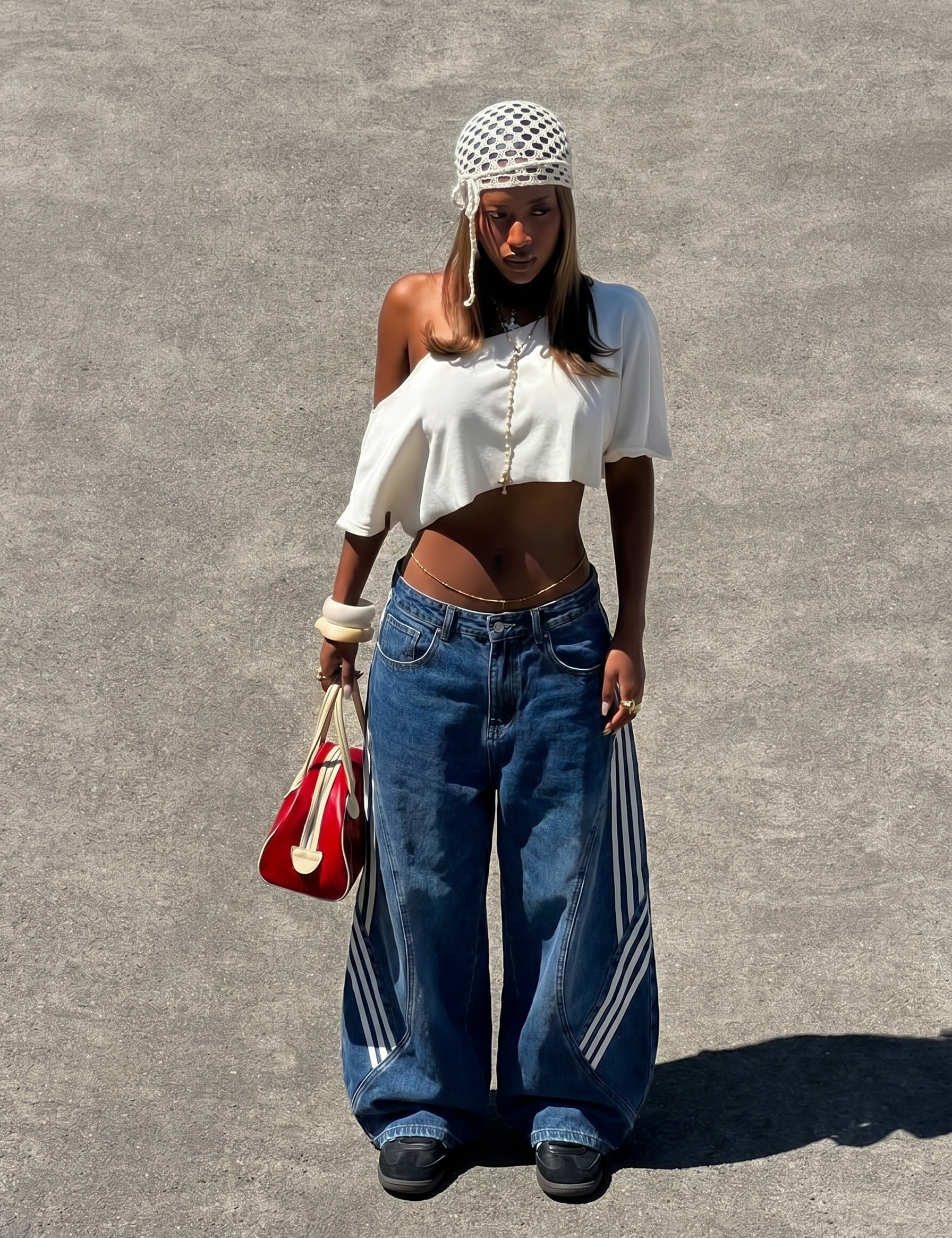 Tri-line curved panel wide-leg denim jeans — women's streetwear
