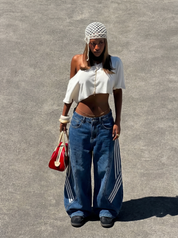Tri-line curved panel wide-leg denim jeans — women's streetwear