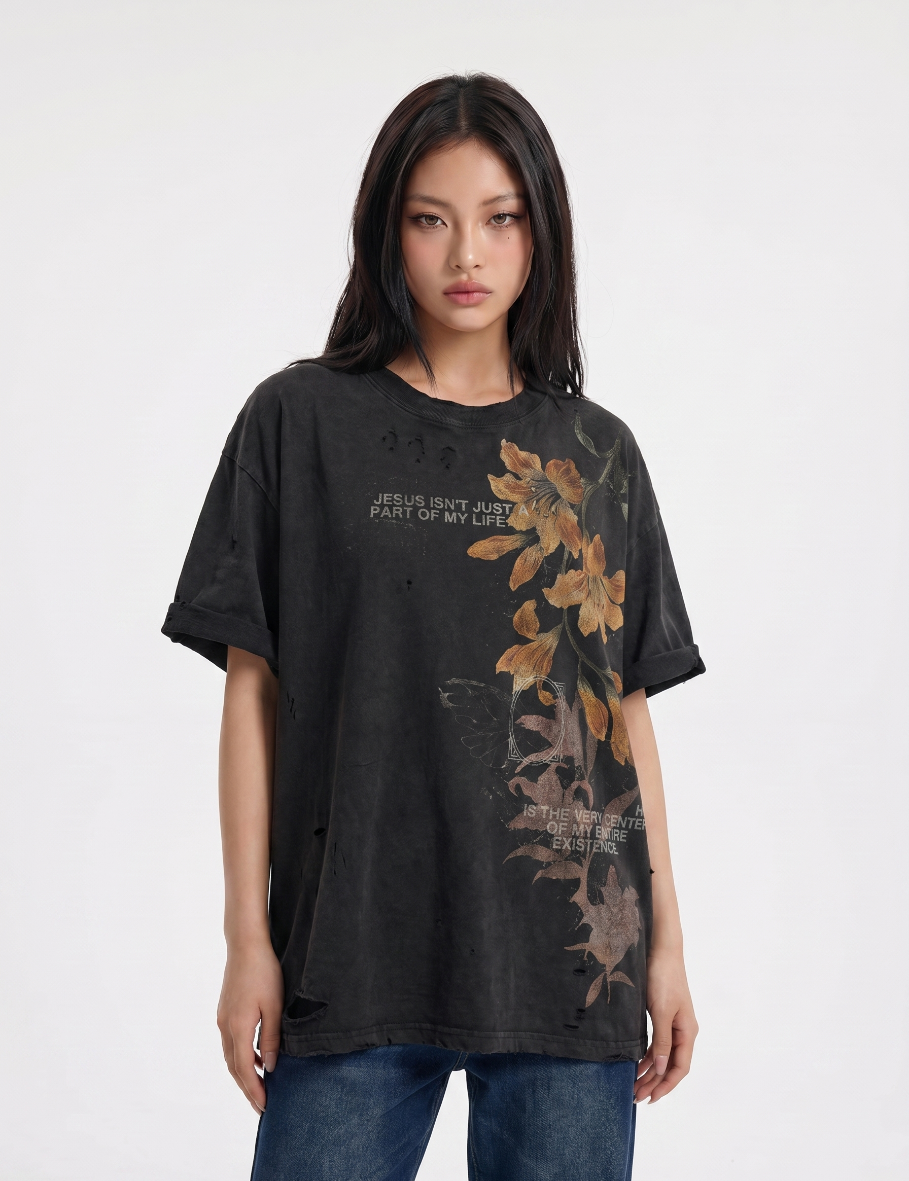 Jesus vintage washed distressed cotton tee — women's streetwear