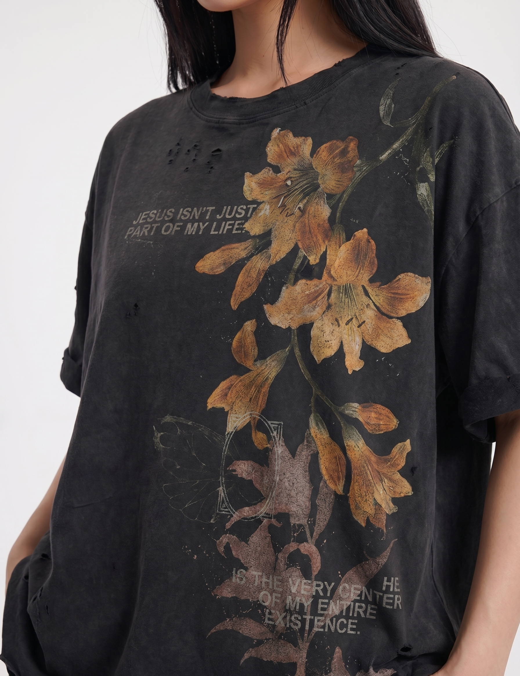 Jesus vintage washed distressed cotton tee — women's streetwear