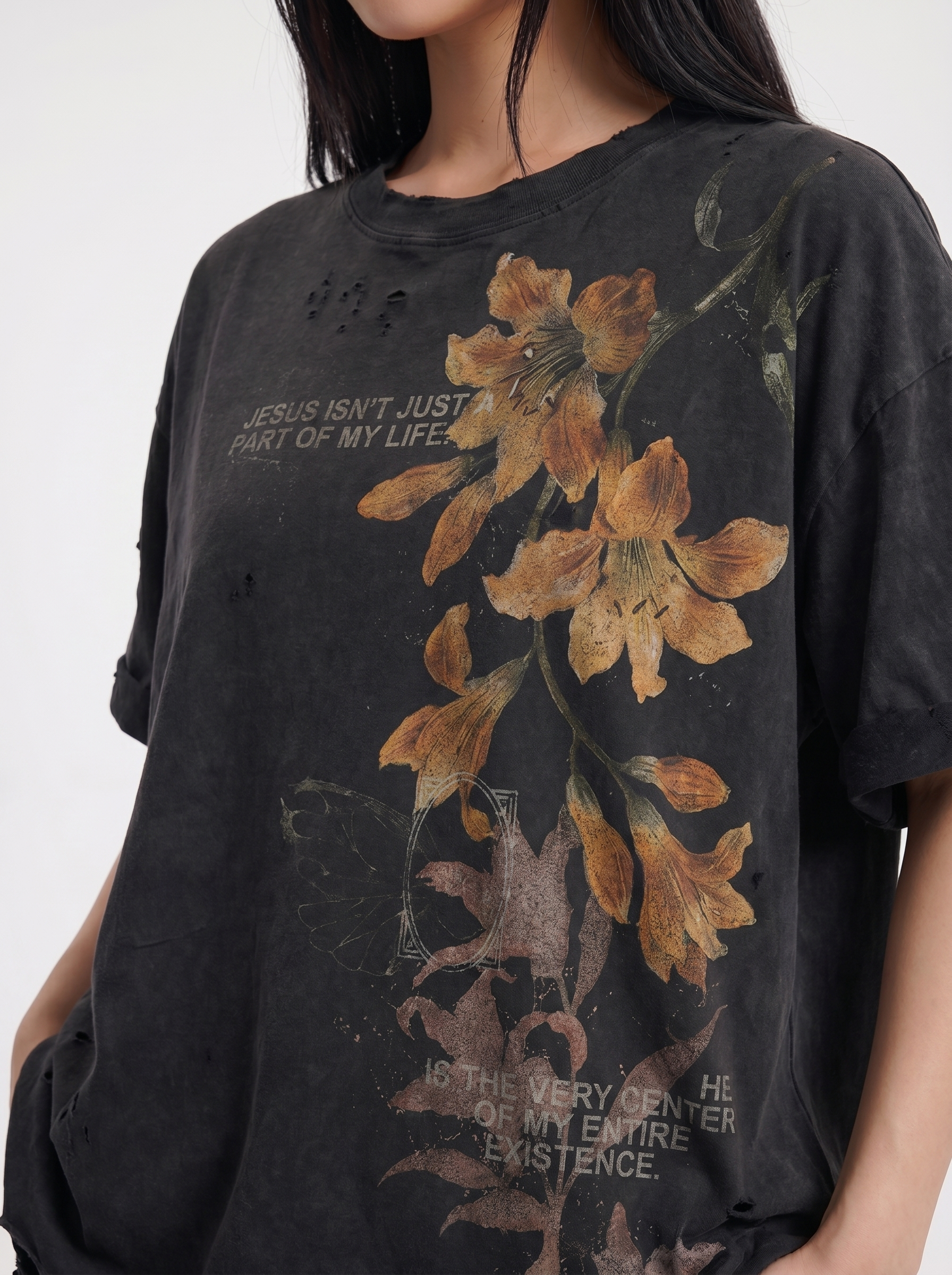 Jesus vintage washed distressed cotton tee — women's streetwear