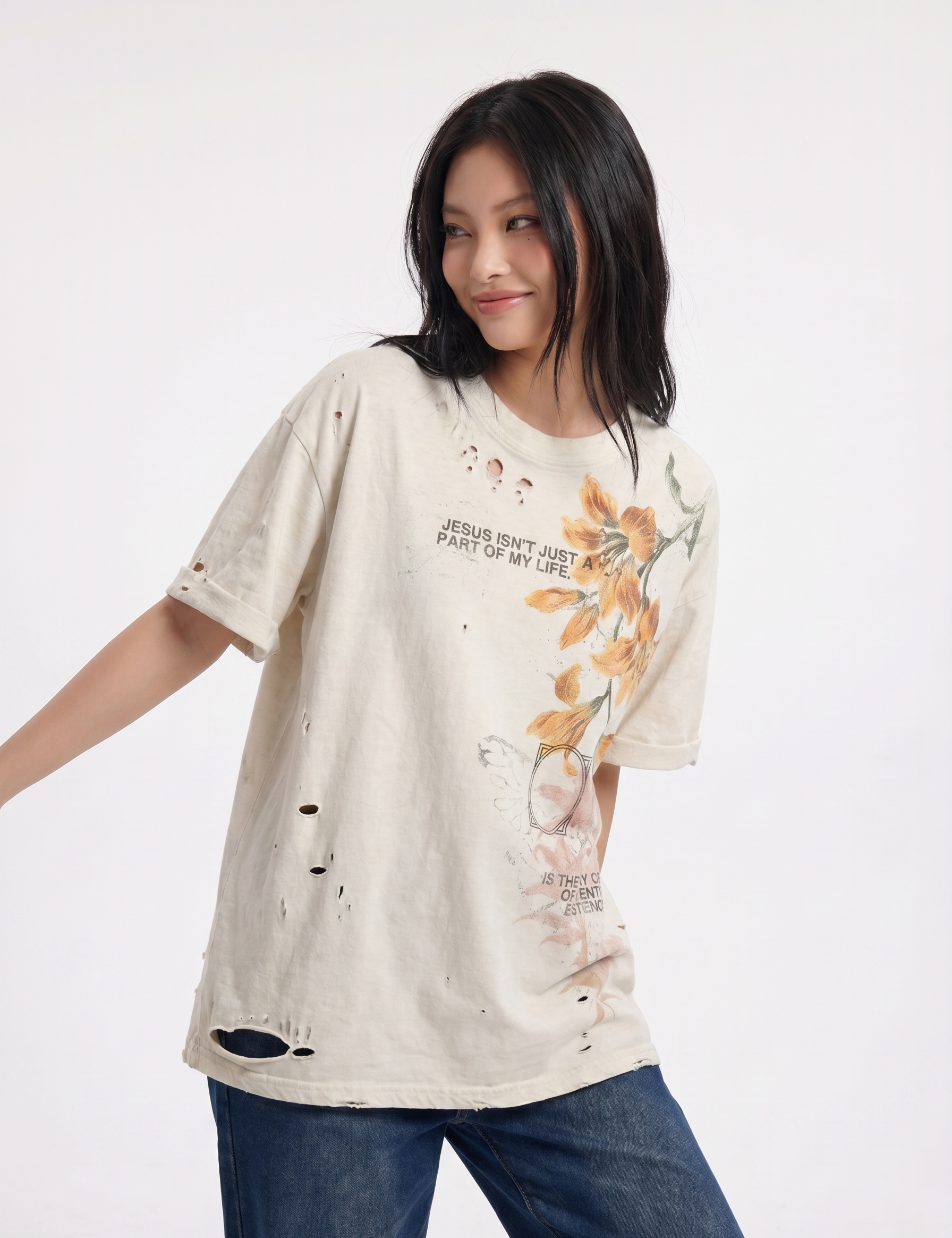 Jesus vintage washed distressed cotton tee — women's streetwear