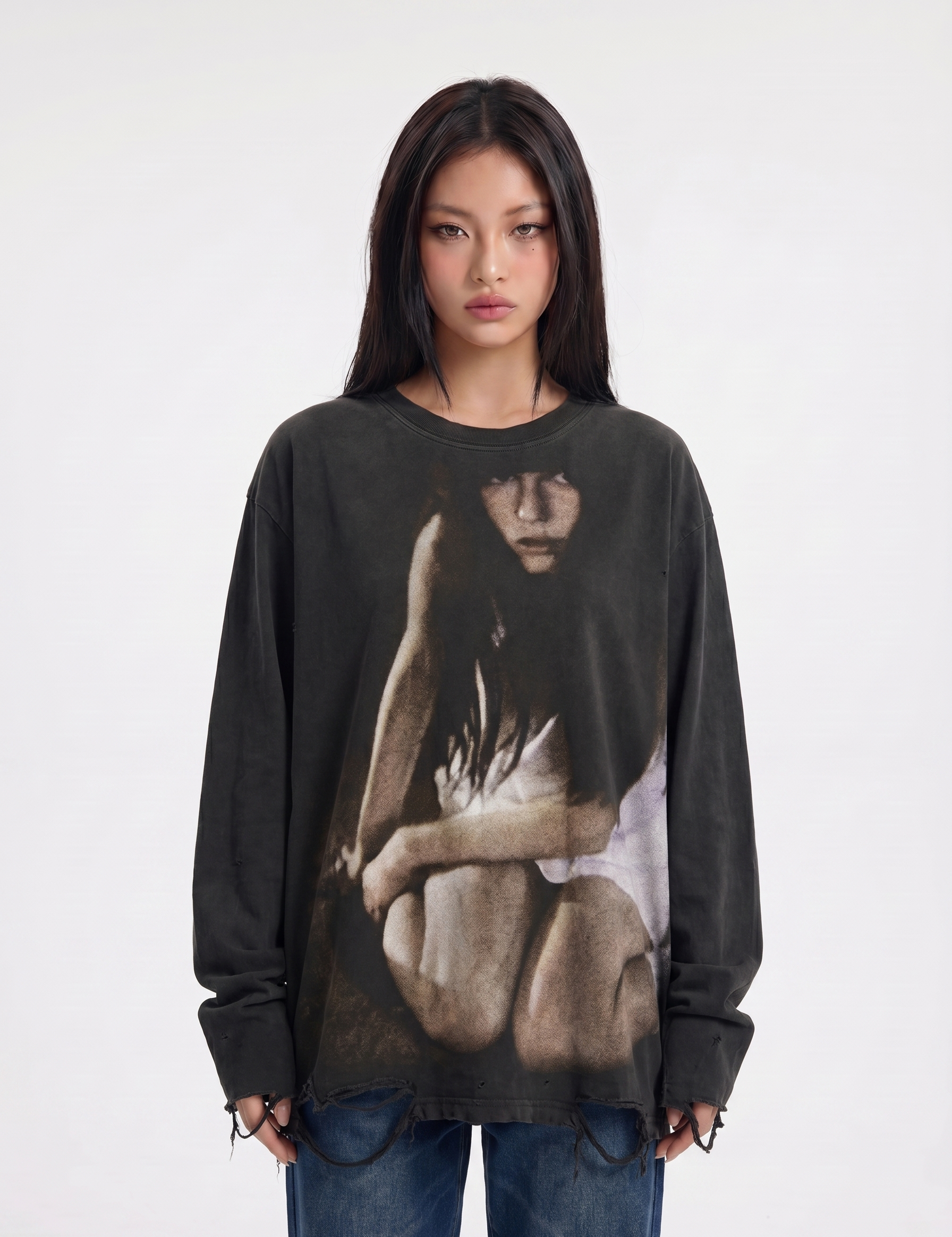 Distressed gothic washed long-sleeve tee — women's streetwear