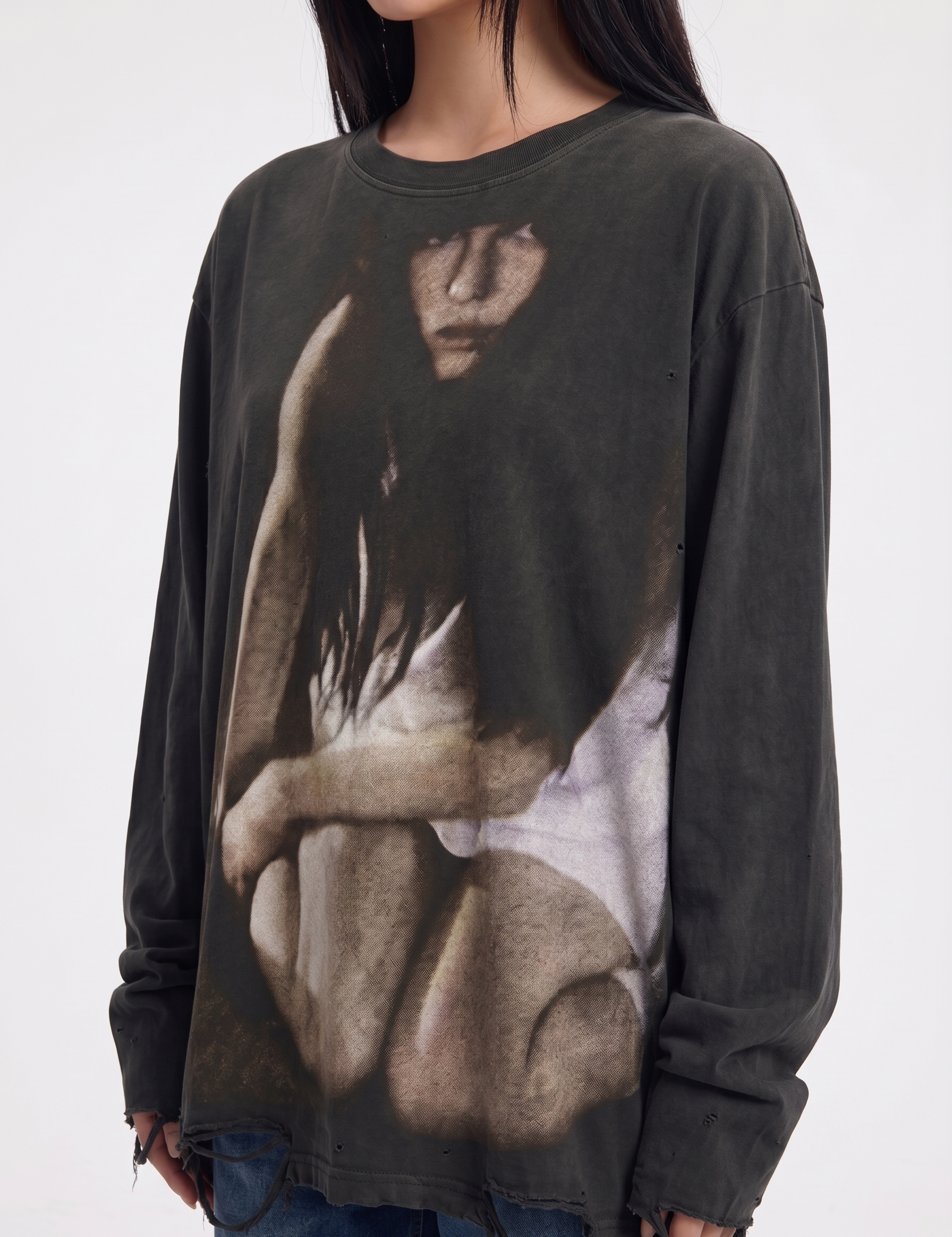 Distressed gothic washed long-sleeve tee — women's streetwear