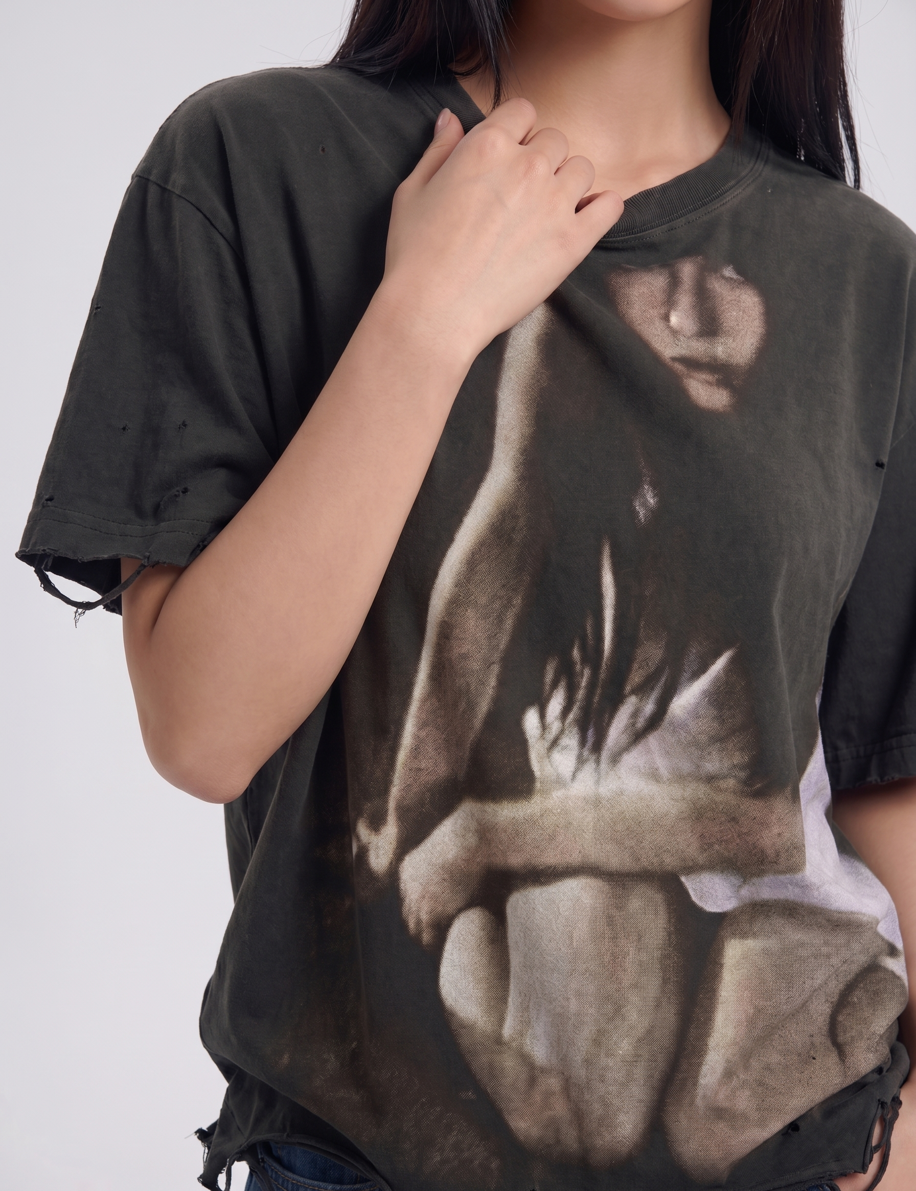 Distressed gothic washed short-sleeve tee — women's streetwear