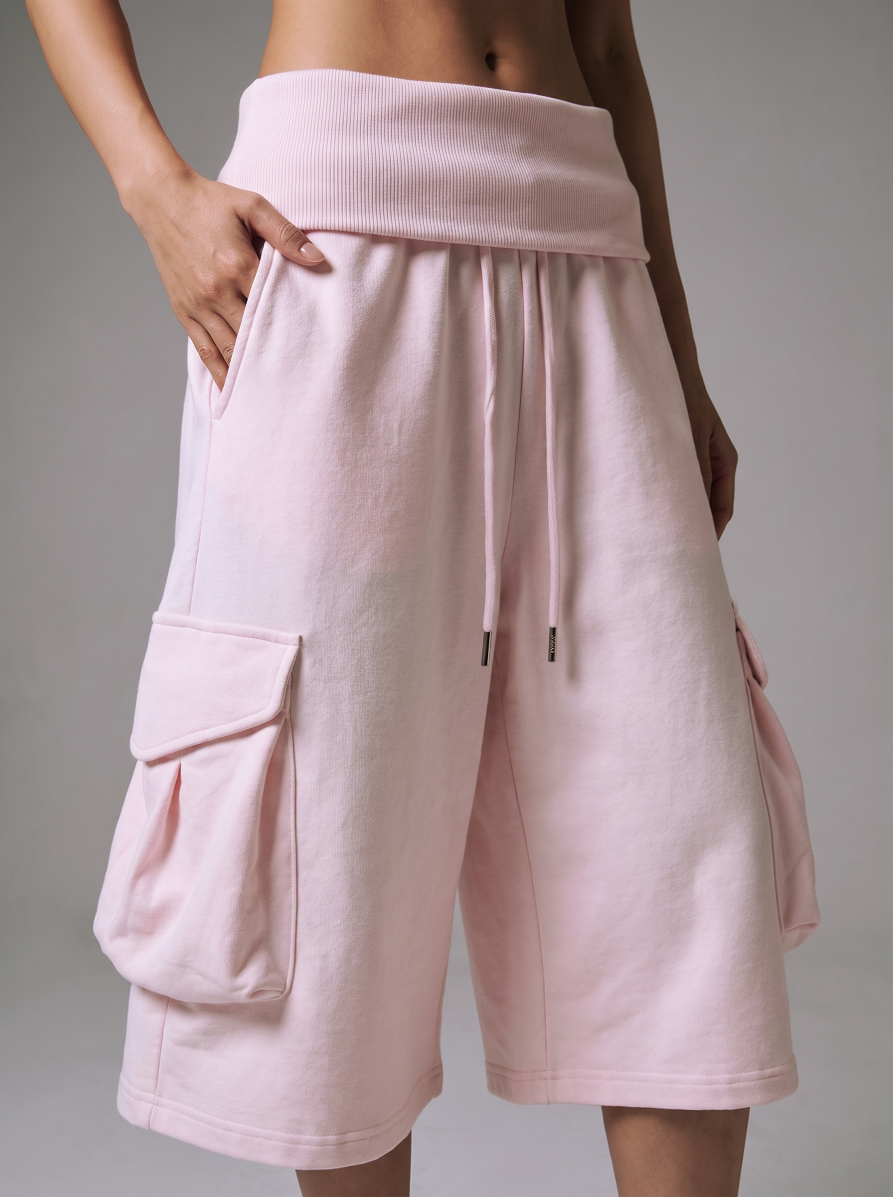 Bubble Pink Large Pocket Fold Waist Cotton Shorts