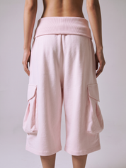 Bubble Pink Large Pocket Fold Waist Cotton Shorts