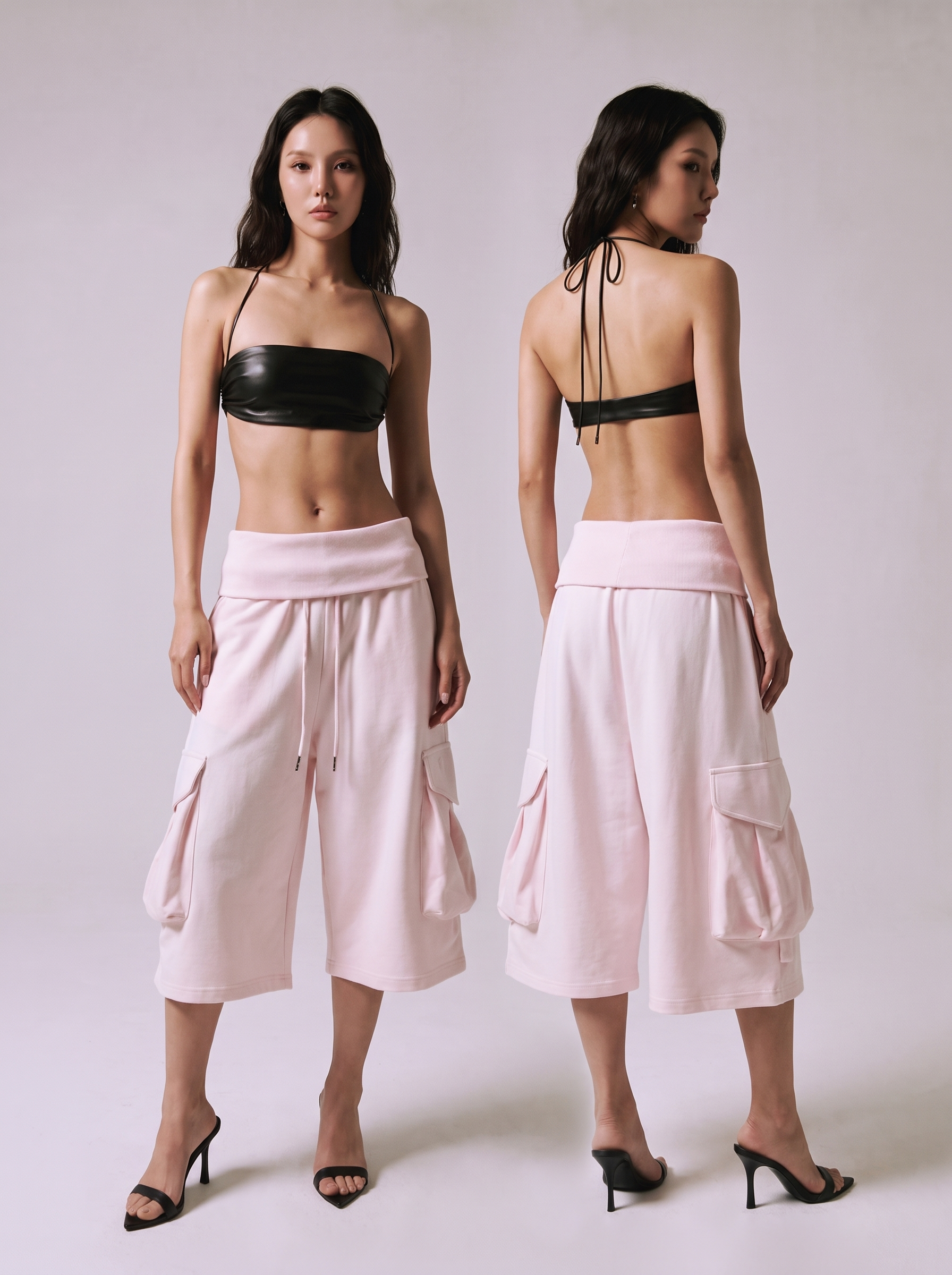 Bubble Pink Large Pocket Fold Waist Cotton Shorts
