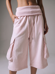 Bubble Pink Large Pocket Fold Waist Cotton Shorts