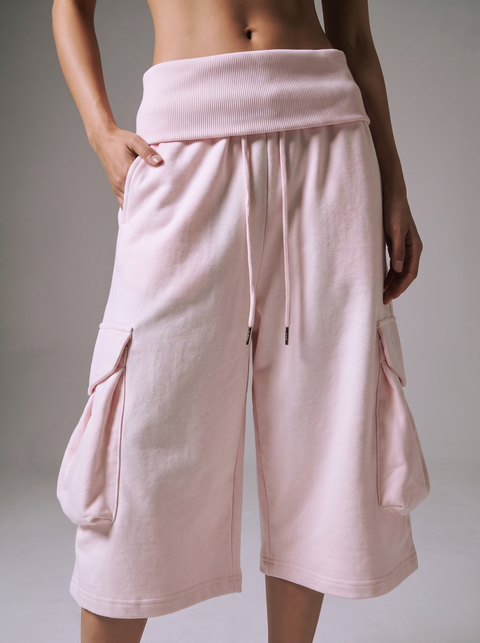 Bubble Pink Large Pocket Fold Waist Cotton Shorts