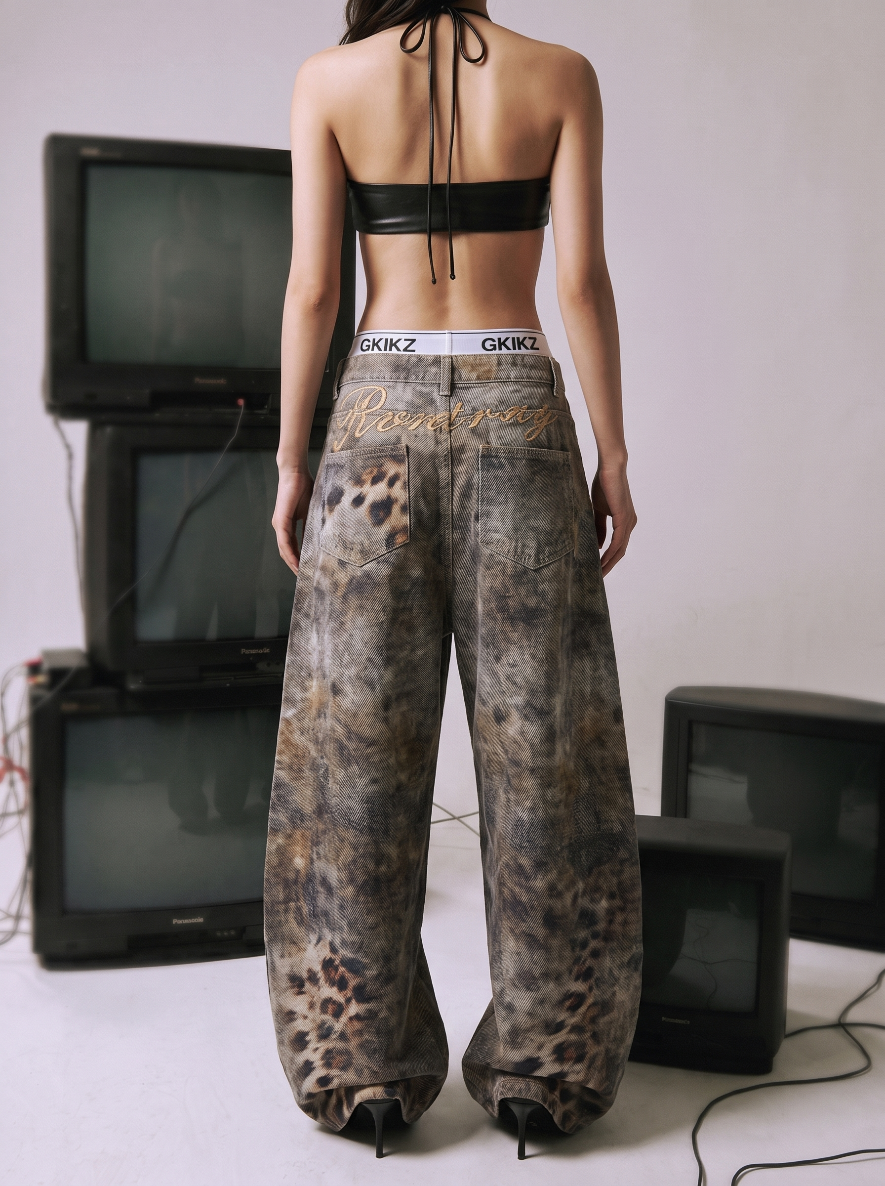 Distressed Leopard Wide-Leg Denim