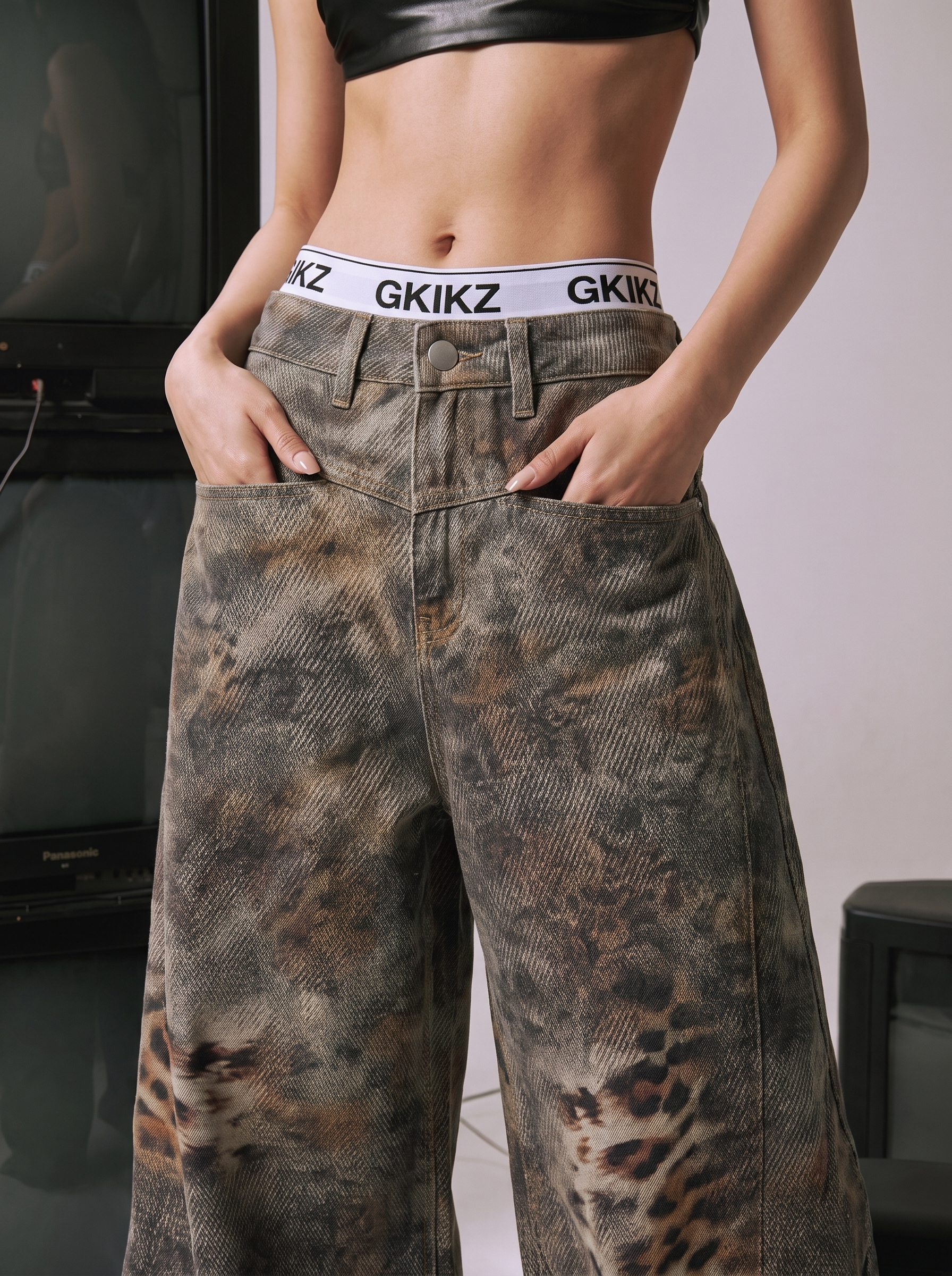 Distressed Leopard Wide-Leg Denim